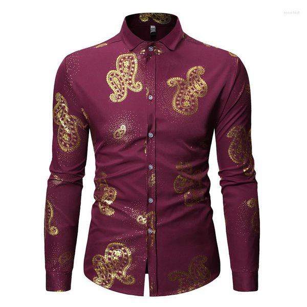 Camicie casual da uomo Camicia a maniche lunghe con stampa floreale Paisley oro lucido Uomo 2023 Abito slim fit di marca Uomo Party Business Uomo XL