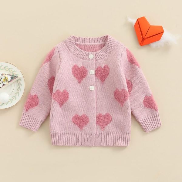 Pullover infantil Cardigan Jackets de menina menina menino coração estampa de manga longa fechamento de botão de malha de malha tops