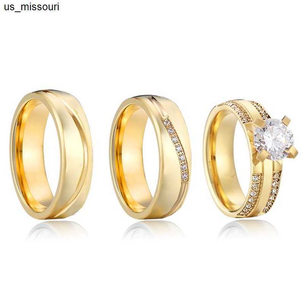 Bant Halkaları Düğün Nişan Yüzüğü Çift CZ Diamond 14K Altın Kaplama Gelin Sevenler Kadınlar ve Erkekler İçin İttifak Frlovningsringar J230522