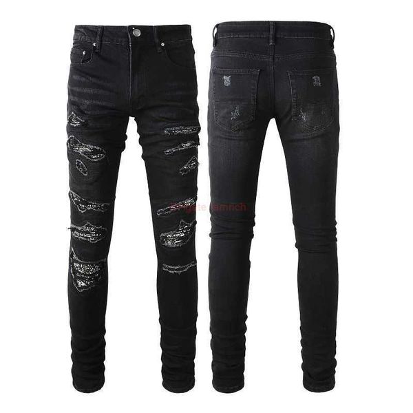Designer Clothing Amires Jeans Denim Pants Amies Fashion Black Jeans Distressed Patch Street Fashion Fit Small Foot Distressed Jeans Mens 8669 Distressed Ripped Sk