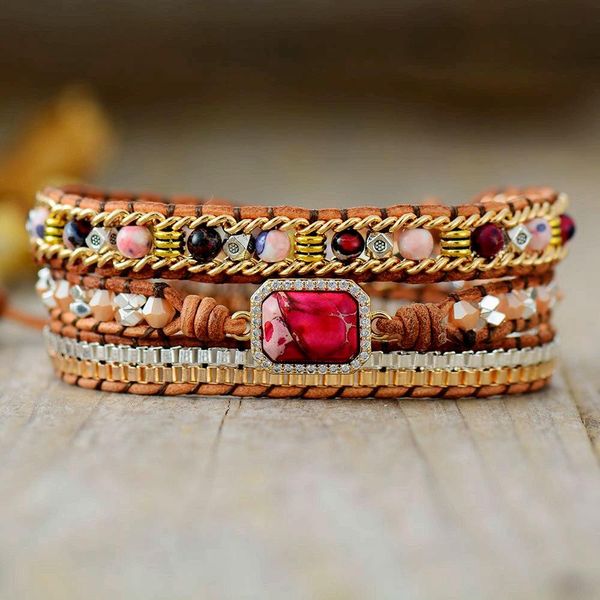 Bangle Estético 3 Strand Vermelho Quadrado Mar Sedimento Jasper Pedras Naturais Envoltório Frisado Pulseira Mulheres Irmãs Bohemia Jóias Bijoux