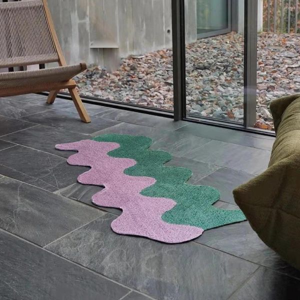 Tapetes de onda colorida mista quarto de carpete comprido macio de cama de cama de piso decoração de porta caseira