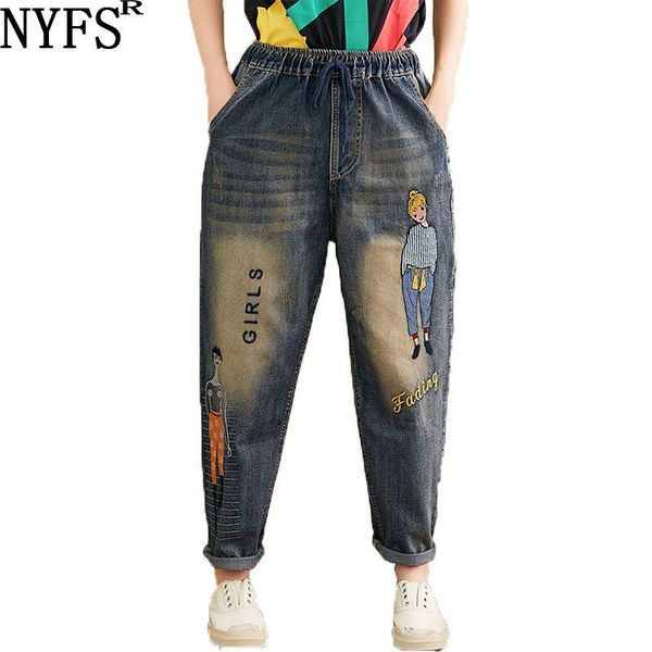 Jeans NYFS 2023 Frühling Herbst Neue Frau jeans Literarischen große größe Harem Hosen Cartoon Stickerei Elastische Denim Lange Hosen