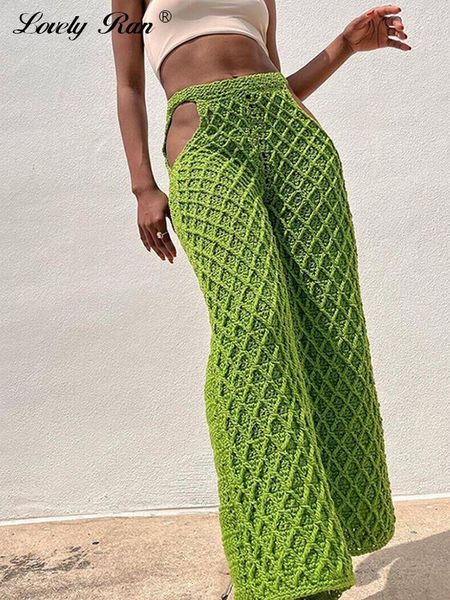 Moman S Sexy Cut Out Knit Crochet Mulheres 2023 Primavera Verde Loja Praia Pant Fashion Fashion Wide Legas Ladies TRUSHERS 230522