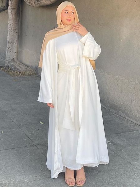 Ethnische Kleidung Muslimischer zweiteiliger Abaya-Anzug Wickelrock vorne Kimono-Strickjacke Islamische Kleidung Dubai Turkiye Frauen bescheidene passende Kleidung 230520