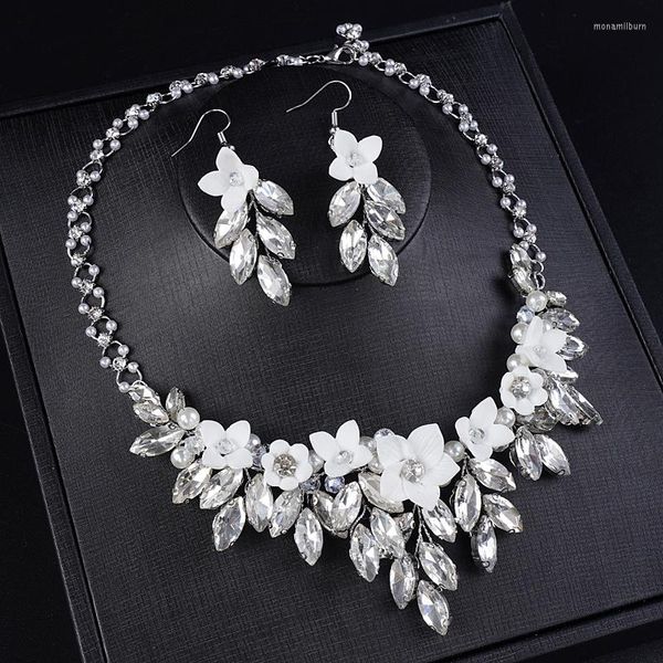 Ketten Braut Hochzeit Strass Blumen Perlen handgemachte Halskette Ohrringe Schmuck Set Eleganz Party für Frauen