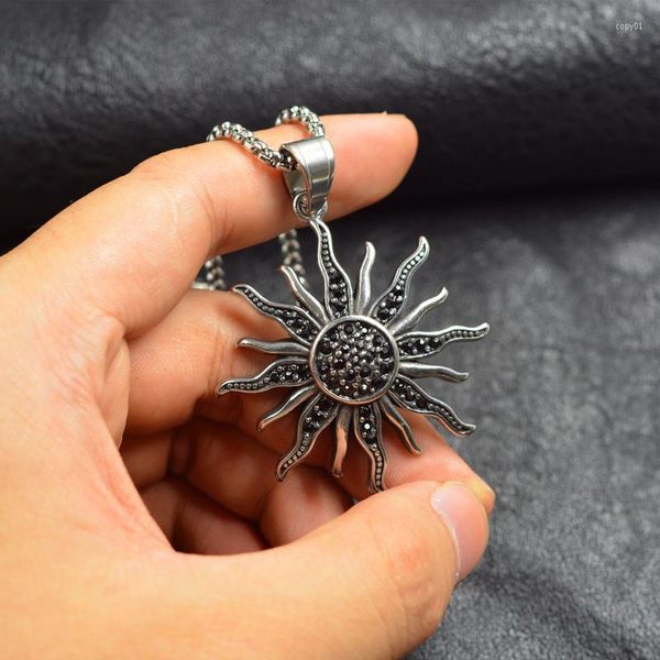 Catene Hip Hop Black Stone Silver Color Sun Flower Charms Ciondoli in acciaio inossidabile 316L Accessori per uomo Donna Risultati gioielli