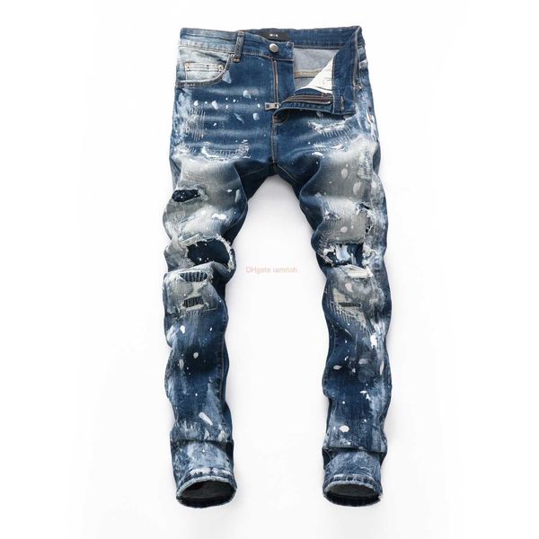 Designer Clothing Amires Jeans Denim Pants Amies 2023 Autumnwinter Fashion Mens Wear Hole Patch Blue Speckled Jeans Youth Slim Fit Feet Motorcycle Pants 8361 Distre