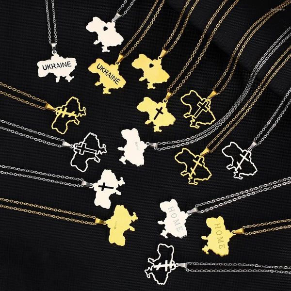 Anhänger Halsketten Ukraine Karte Halskette Für Frauen Männer Vergoldet Edelstahl Hohles Herz Kreuz Choker Schmuck Collier Geschenke