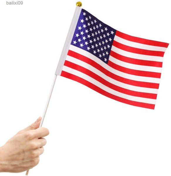 Decorazione per feste 10pc American Independence Day Bandiere a doppia faccia Cheer American Hand Waving Flag Happy 4th Of July USA National Day Parti Decor T230522