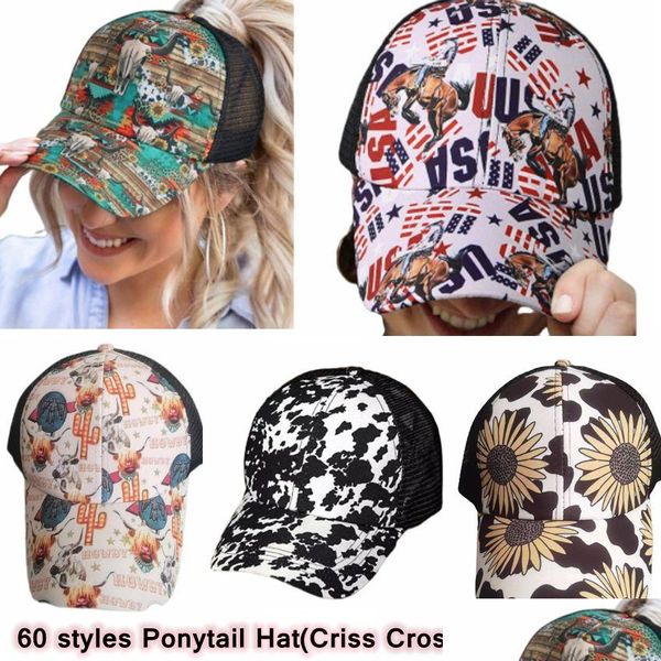 Partybevorzugung Washed Died Messy Buns Ponycaps Leopard Sunflower Criss Cross Trucker Mesh Hats Zza3224 Drop Delivery Home Garden Festiv Dhpkt