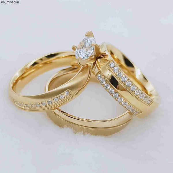 Anéis de banda 3pcs Casal Wedding Rings Set for Mull Men Love Alliance CZ Diamond Engagement Jóias Fedi Nuziali 18K Gold Plated J230522
