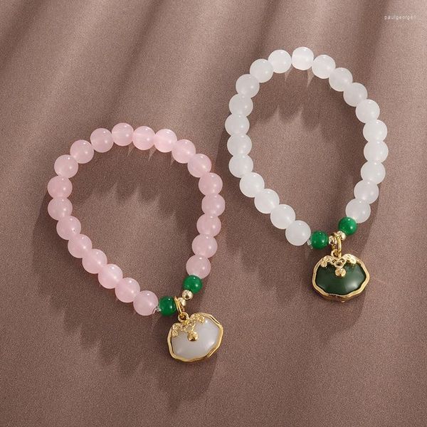 Strand Classic Imitation White Jade Stone Frisado Pingan Lock Pingan Duas Cores Pulseira Para Mulheres Estilo Étnico Chinês Jóias