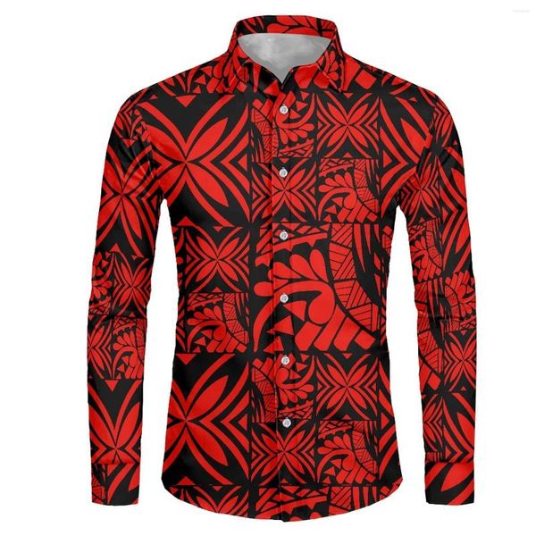 Camisas casuais masculinas 6xl 2023 Moda de primavera Men Tattoo Printing Tribe Print personalizado camisa vermelha de tamanho longo de manga longa polinésia