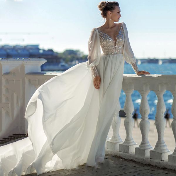 Chic Sheer Neck Hollow Back A Line Abiti da sposa Paillettes Appliques Abito da sposa Chiffon Boho Glitter Abiti da sposa con maniche a sbuffo