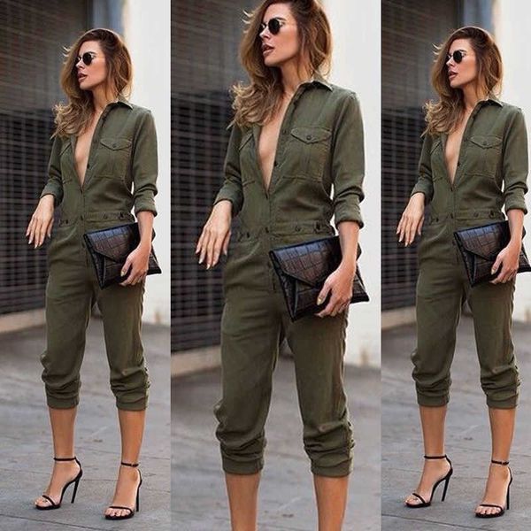 Kadın Tulumları Yükselen Kadın Tulumları Uzun Kollu Kargo Pantolon Sıkı Takım Giysileri Askeri Yeşil Tulum Önde Zippered Üst Kadın Sokak Giyim P230522