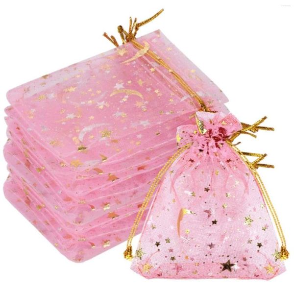 Geschenkpapier, 100 Stück, Mond, Stern, Organza, Schmuck, Süßigkeitenbeutel, 6,9 x 8,9 cm, transparenter Geschenkbeutel mit Farbe: Rosa