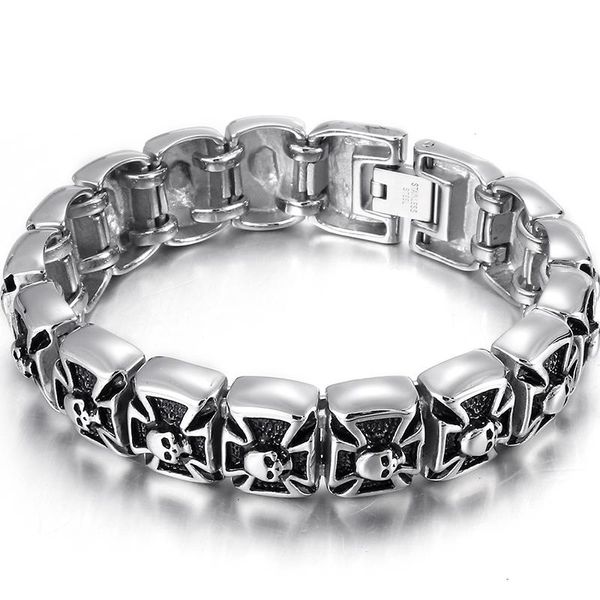 Braccialetto a forma di croce con teschio Bracciale da uomo in acciaio inossidabile massiccio 316L Gioielli maschili Biker Punk gotico Rock Dropshipping all'ingrosso