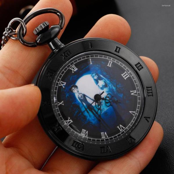 Orologi da taschino Classic Anime Movie Fantasma Coppia Orologio al quarzo Nero Vintage Numeri romani Catena Fob Regalo di Natale di Halloween