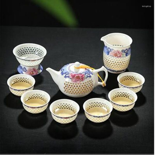 Tazze Piattini Theepot 10 Stks Thee Set Cristallo di ghiaccio Teiera a nido d'ape Blu e bianco Bone China GaiWan Sea Porcelain