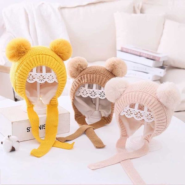 Kapaklar şapkalar çifte pompom bebek sıcak örme kızların erkek çocuklarının sonbahar kış düz renkli kulaklıkları çocuk beanie şapka unisex g220522