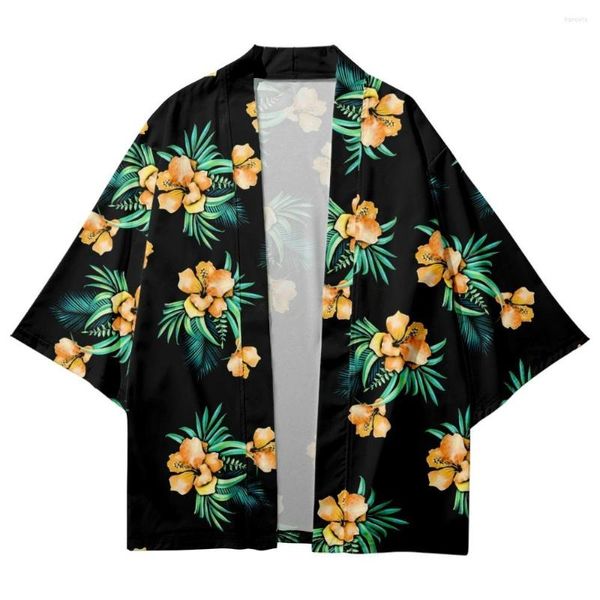 Abbigliamento etnico Cardigan da uomo tradizionale con stampa floreale nera Kimono giapponese Yukata Cappotto da camicia allentato da donna Harajuku