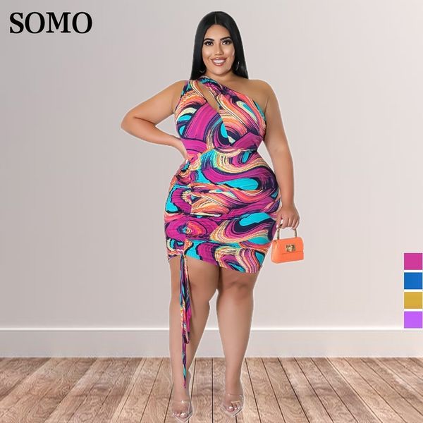 Vestidos de tamanho grande sexy plus size mulheres vestidos ombro único hollow out mini vestido de cordão manchas manchas moda impressa no atacado 230520