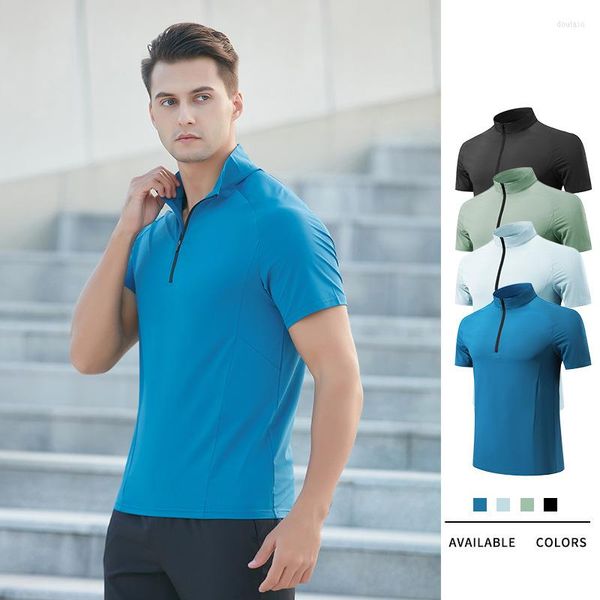 Polos masculinos de verão de camiseta rápida de secagem mock roupos de fitness masculino de fitness masculino solto de treinamento esportes de treinamento curto pólo de manga curta