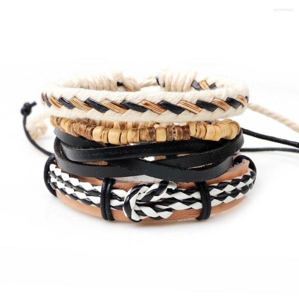 Braccialetti con ciondoli 4 pezzi / set Boho Gypsy Hippie Punk Marrone Pelle nera Beige Cord Wrap Knots Strati di perline di legno Set regolabile per uomo