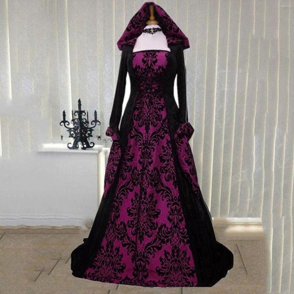 Lässige Kleider mittelalterliche Renaissance viktorianische Frauen Vintage Retro Gothic Stickerei Langarm mit Kapuze Ballkleid Kleid Kostüm # G3