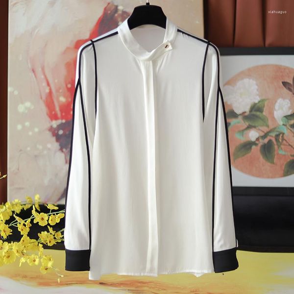 Blouses femininas jóguas de alta qualidade de seda de seda as mulheres temperamentos de temperamento camisetas e roupas pretas de contraste branco