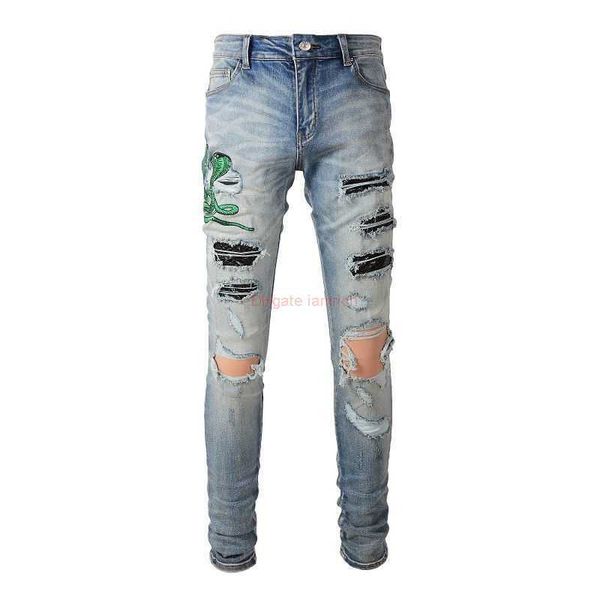 Дизайнерская одежда Amires Jeans Джинсовые брюки Amies Mx1 Blue Cobra Вышивка Wash Water Old Knee Hole Slim Skinny Jeans Mens High Street Проблемные рваные узкие Motoc