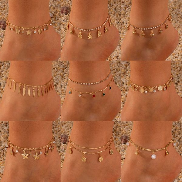 Tornozeleiras moda feminina tornozeleiras de cor de cor dourada de cor de cor de crochê descalça de sandálias de crochê de tornozelo nas jóias da corrente de pé da perna 20 cm de comprimento 1 peça G220519