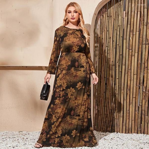 Vestidos casuais 2023 vestido de inverno de outono plus size mulheres mangas compridas estampas retro florais bolsos vintage maxi abaya roupas islâmicas muçulmanas