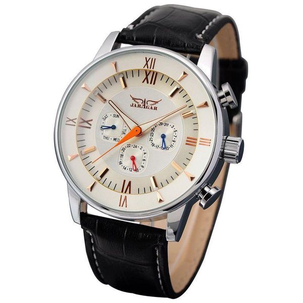 Armbanduhren Herrenuhren JARAGAR Marke Automatische mechanische Uhr Männlich Echtes Leder Business Armbanduhr Datum Woche Anzeige 24 Stunden Uhren