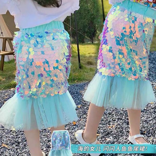 Gonne Estate Ragazze Mezzo vestito per bambini Minigonna Figlia del mare Sirena blu Principessa Paillettes speciali 230520