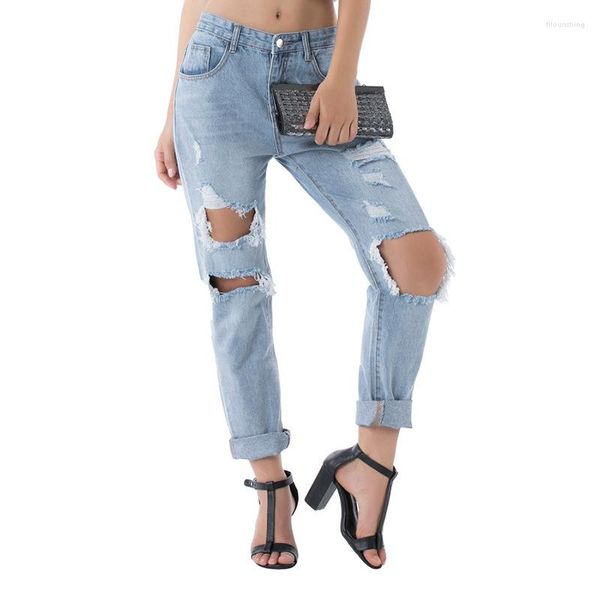 Jeans femininos Mulheres de moda sexy jeans solta calça alta cintura mãe destruída buraco no joelho