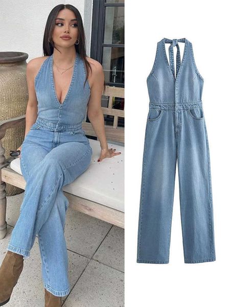 Tute da donna Pagliaccetti Tuta senza bretelle senza maniche Denim da donna con scollo a V senza schienale Moda estiva Tuta da donna Tuta con taschino con bottoni P230522