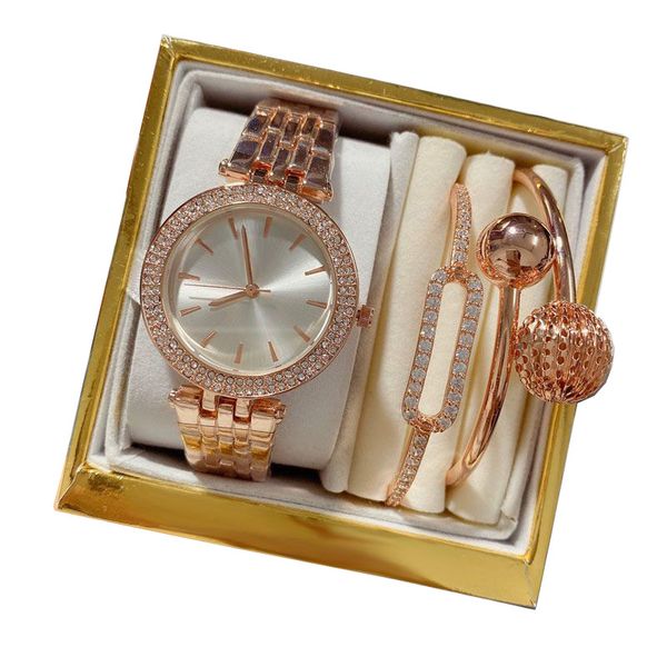 Luxus 3 Sets Damenuhren Armbänder Top-Marke Roségold-Armbanduhren Damen-Designer-Diamantuhr für Frauen Weihnachten Geburtstagsgeschenke mit Geschenkbox Montre de Luxe