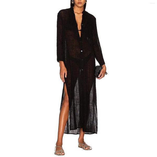 Robes décontractées Femmes Bikini Cover-Ups Couleur unie Transparent Manches longues Chemises solaires Col rabattu Robe de plage boutonnée