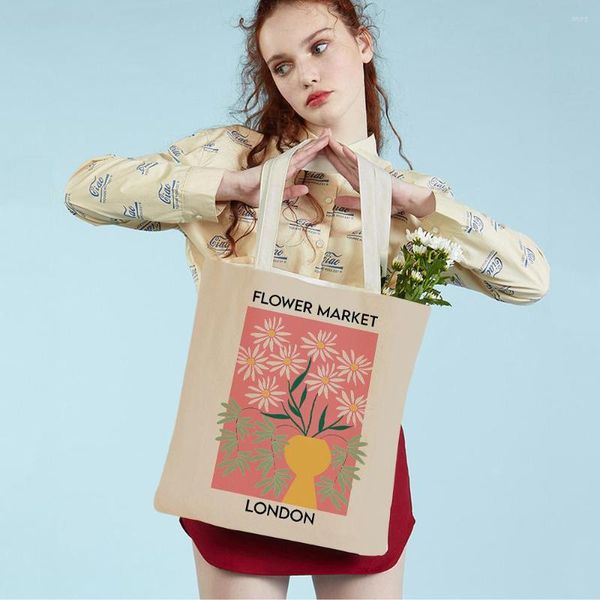 Bolsas de compras Vintage Abstract Flower Market Vaso Shopper Bag Double Print Lady Tote Bola Casual Canvas Cartoon Mulheres