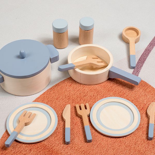 Cucine Gioca cibo Simulazione in legno per bambini Set di giocattoli da cucina Gioca Educazione precoce Bottiglia di condimento domestico Pentola da cucina Stoviglie da cucina 230520