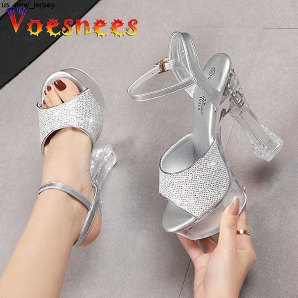 Sandali Voesnees Fashion New Woman Summer Silvery High Heels 14CM Ladies Party Dress Shoes Sandali con plateau trasparenti per le donne J230518 J230519 J230522