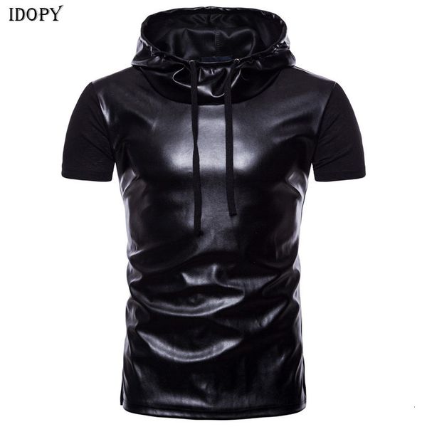 Men s T Camisetas Idopy Summer Hooded Camise de couro preto Men Manga curta Slim Fit Casual Punk Rock Nightclub Hip Hop Tee Capuz 230522