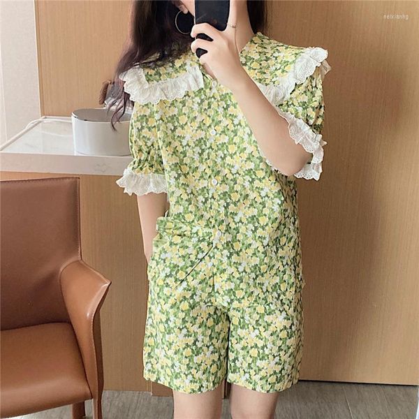 Home Kleidung Alien Kitty Druck Baumwolle Chic Alle 2023 Blumen Stilvolle Oberbekleidung Nachtwäsche Sommer Homewear Zweiteilige Pyjama-Sets