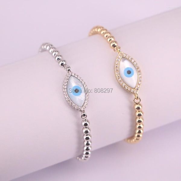 Braccialetti con ciondoli all'ingrosso 10 pezzi Fashion Micro Pave CZ Crystal Oval Shell Eye Connector con catena di perline sciolte rotonde da 4 mm regolabile