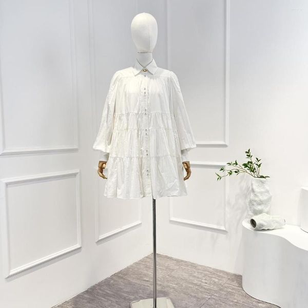Lässige Kleider 2023 Ankunft Frühling Sommer Top Qualität Baumwolle Weiß/Schwarz Solide Süße Lange Laterne Ärmel Rüschen Frau Mini Shirt Kleid