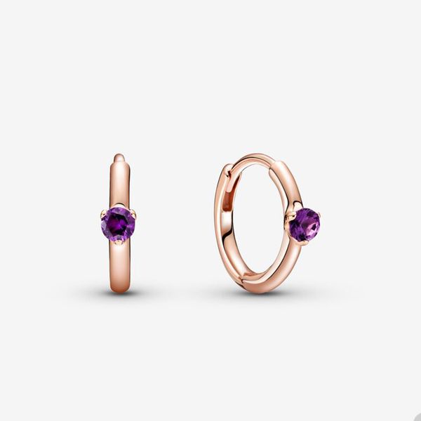 Серьги Purple Solitaire Huggie Hoop для Pandora 18K Rose Gold Свадебные вечеринки Дизайнерские ювелирные изделия для женщин Хрустальные алмазные серьги с оригинальной коробкой