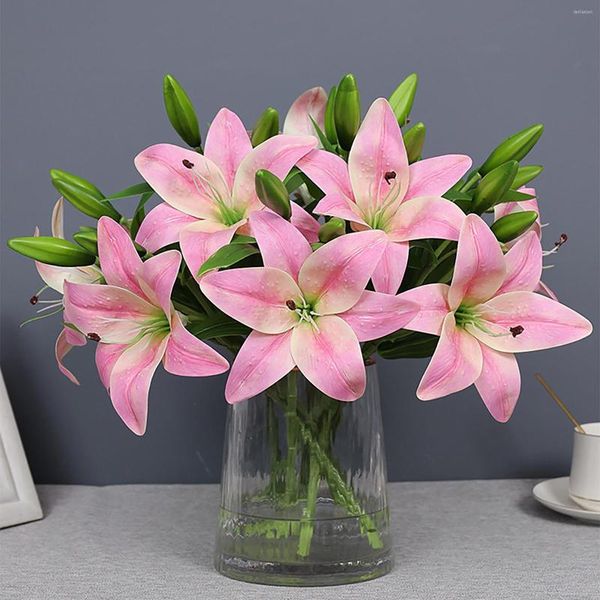 Flores decorativas de 5pcs/ramo de 38 cm de comprimento Lily Artificial Flow