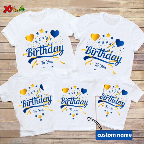 Passende Familien-Outfits „Happy Birthday“-T-Shirt, passende Familien-Outfits, Blau-Gold-Hemden, Damen-Party-Shirt mit individuellem Namen, Kinder-Baby-Kleidung, Familien-Look 230522